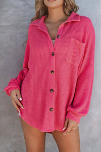 Hot Pink Pocket Buttons Front Waffle Knit Shacket
